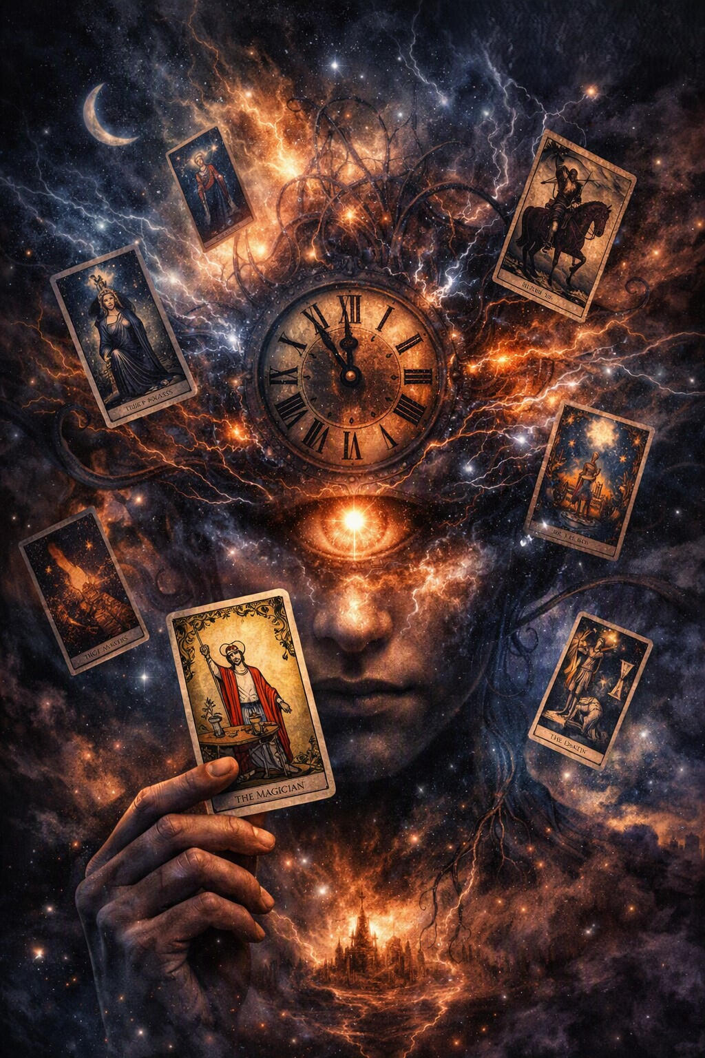 Return to True Divinity Tarot: Tap or click to explore personal clarity sessions and multi-deck readings. Cosmic tarot card reading illustration with a glowing third eye, mystical nebula, central clock face, and a hand holding the Magician card for shadow work intuitive guidance.