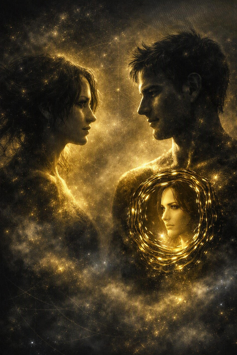 Every connection reflects a part of you: Click to head to True Divinity Tarot for deep relationship clarity. Cosmic couple connection reflecting each other in a starry nebula with a glowing golden mirror portal for the Mirror of Others shadow work tarot reading concept.