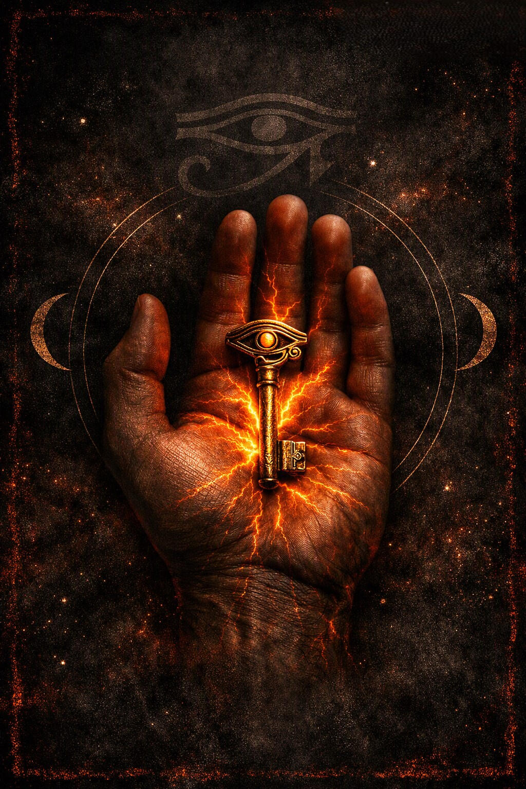 Golden key of truth in an open hand with a cosmic Egyptian Eye of Horus symbol and glowing celestial textures for intuitive shad Unlock your inner wisdom: Click to head to the main True Divinity Tarot page.
