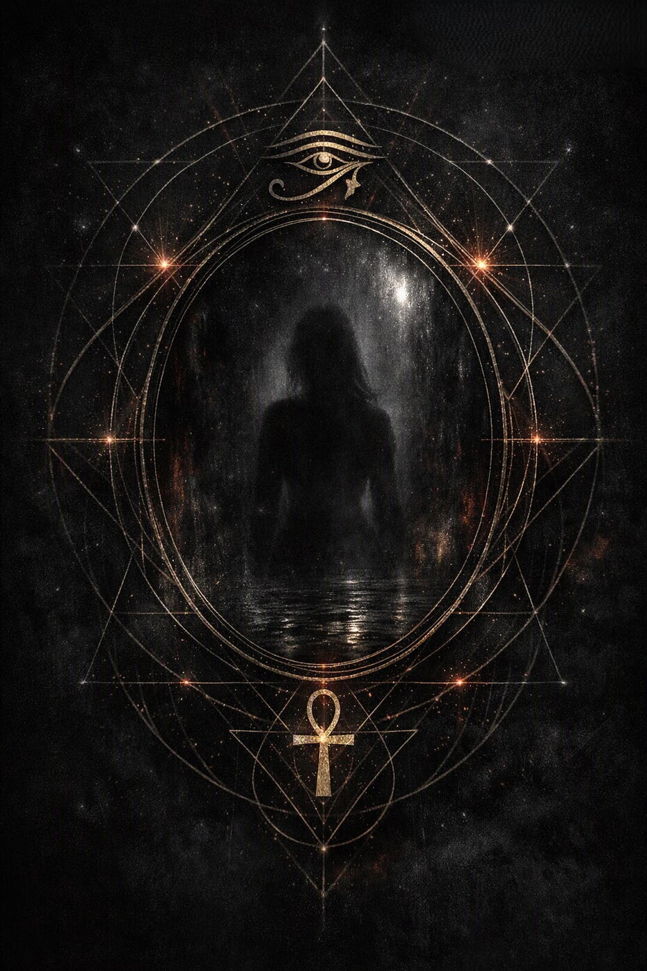 Step into the shadows of self-discovery: Click to head to the main True Divinity Tarot page. Dark spiritual silhouette framed by gold sacred geometry, an Egyptian Ankh, and the Eye of Horus for cosmic shadow work and intuitive tarot reading insights.