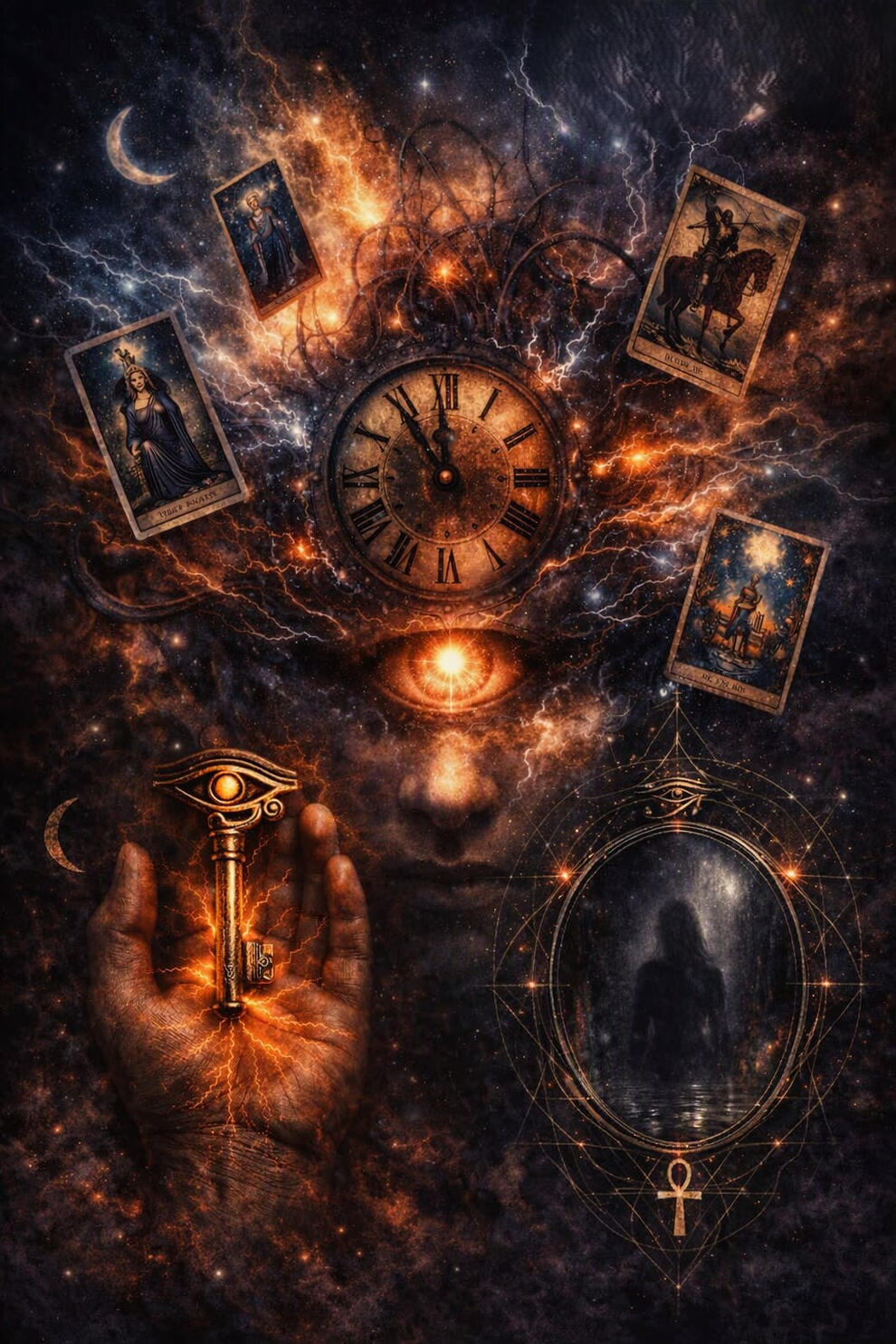 The journey is complete—all pieces connect: Click to return to the main True Divinity Tarot page. Complete True Divinity Tarot cosmic montage uniting the four-part shadow work series with the cosmic eye clock, the golden key of truth, and the Egyptian Ankh silhouette